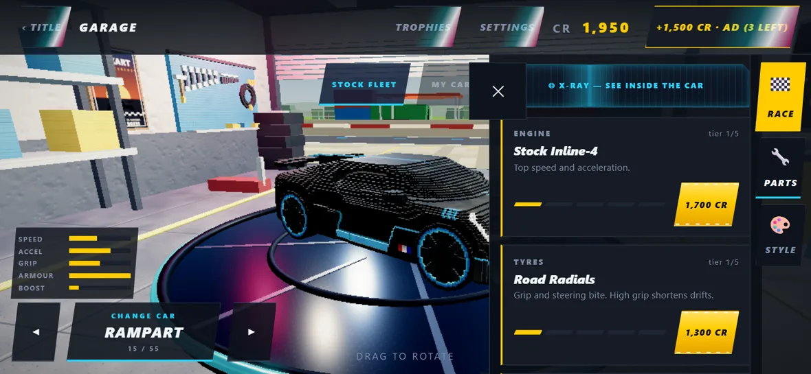 Upgrade parts: engine, tyres, armour